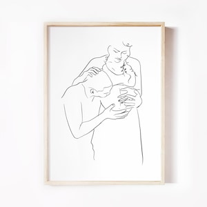 Kobieta w ciąży Line Art, Prezent na Baby Shower, Para Afroamerykanów z Dzieckiem, Sztuka Brzucha, Line Art Ciąży, Portret Rodzinny,