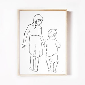 Impresión artística de línea "Hermana mayor y hermano pequeño", regalo para hermanos, arte mural familiar, Día de la Madre, regalo para mamá, póster para hermanos