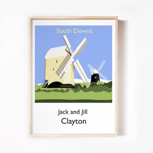 South Downs Print, Jack and Jill Windmills, Sussex, British Vintage Travel Poster