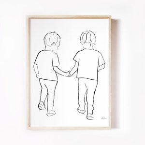 May include: Line drawing of two children holding hands and walking away from the viewer. The drawing is in black ink on a white background.