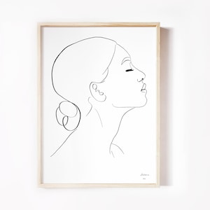 Impresión minimalista de moño, arte de mujer natural, arte minimalista de línea negra, impresión de cabello Updo, regalo para ella