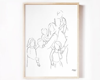 Family of Five children, Line Art Print, Minimalist Wall Art, Big Family Poster, Family of Seven