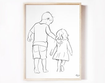 Big Brother Little Sister Line Art Print, Brother and Sister gift, Family Wall Art, Mothers Day, Gift for Mom, Sibling Poster