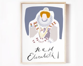 Queen Elizabeth I Print, British Royal, Minimalist Modern Portrait, Queen of England Print, Tudor History, Classroom Wall Art. British Gift