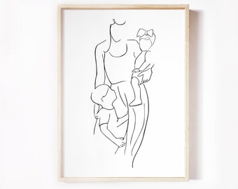 Mother and Children Wall Art Print, Mom Boy and Girl Line Drawing, Cozy Home Decor Pregnancy Gift, Baby Shower,Abstract Line Art, Hygge
