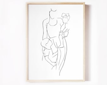 Mother and Children Wall Art Print, Mom Boy and Girl Line Drawing, Cozy Home Decor Pregnancy Gift, Baby Shower,Abstract Line Art, Hygge