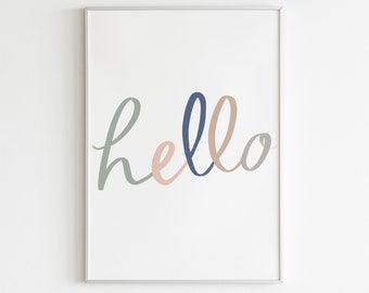 Impresión de arte de pared de Hola, letrero de bienvenida, tipografía, arte de pared para el hogar, impresiones para el pasillo, decoración de caligrafía,