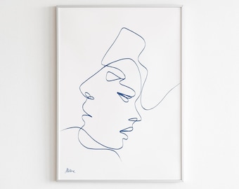 Kiss Line Art, One Line Art, Twarz kobiety, Profil mężczyzny, Prezent dla dziewczyny, Minimalistyczna sztuka ścienna, Wystrój skandynawski