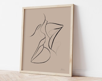 May include: A minimalist line drawing of two figures kissing, in black on a beige background. The artwork is framed in a light wood frame.