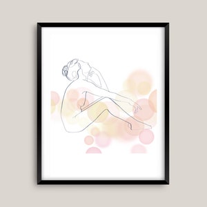 May include: A line drawing of a person sitting with their legs crossed, outlined in blue against a background of soft pink and yellow watercolor circles.