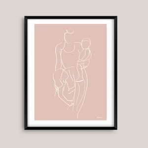 母と子供のウォールアートプリント、ママと女の子の線画、心地よい室内装飾妊娠ギフト、ベビーシャワー、抽象的な線画、ヒュッゲ