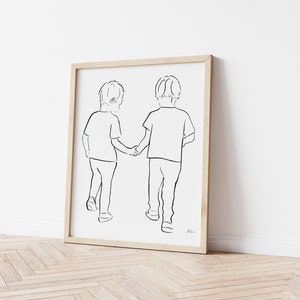 May include: A black and white line drawing of two children walking hand-in-hand. The drawing is framed in a light wood frame.