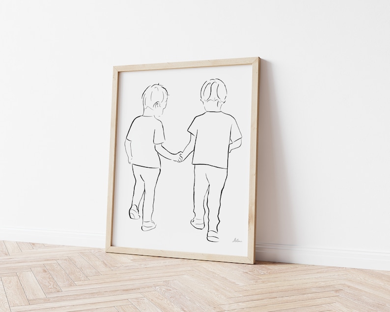 May include: A black and white line drawing of two children walking hand-in-hand. The drawing is framed in a light wood frame.