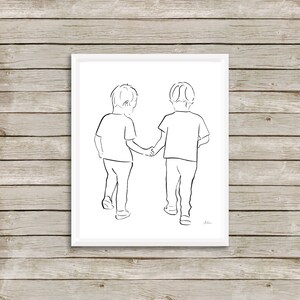 May include: Line drawing of two children holding hands and walking away from the viewer. The drawing is in black ink on a white background.