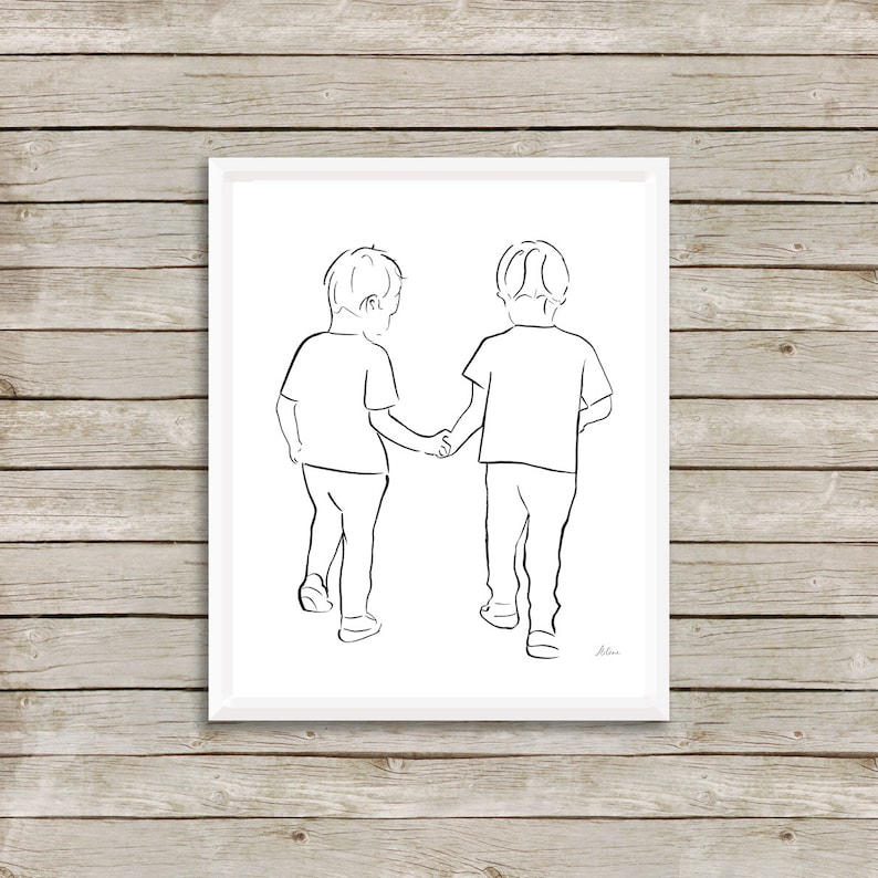 May include: Line drawing of two children holding hands and walking away from the viewer. The drawing is in black ink on a white background.