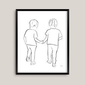May include: Line drawing of two children holding hands and walking. The drawing is in black and white and is on a white background.