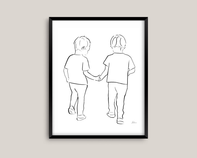 May include: Line drawing of two children holding hands and walking. The drawing is in black and white and is on a white background.