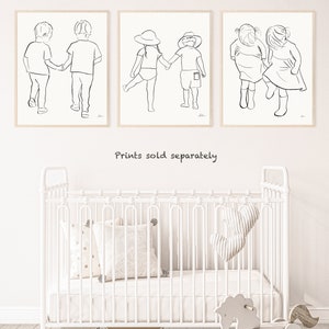 May include: Three black and white line drawings of children holding hands. The drawings are framed and hanging on a white wall above a white crib with a white mattress and white bedding. The crib has a rocking horse in front of it.
