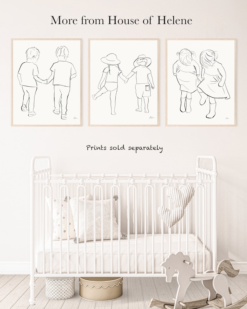 May include: Three black and white line drawings of children holding hands. The drawings are framed and hanging on a white wall above a white crib with a white mattress and white bedding. The crib has a rocking horse in front of it.