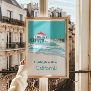 Huntington Beach Print, Surf City USA, California Wall Art, Pacific Coast Travel Poster, Art Deco