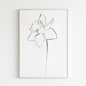 Jonquille en un trait, oeuvre d&#39;art mural printanière, impression nature, décorations de Pâques, fleur fraîchement coupée, impression au trait épuré, plante minimaliste