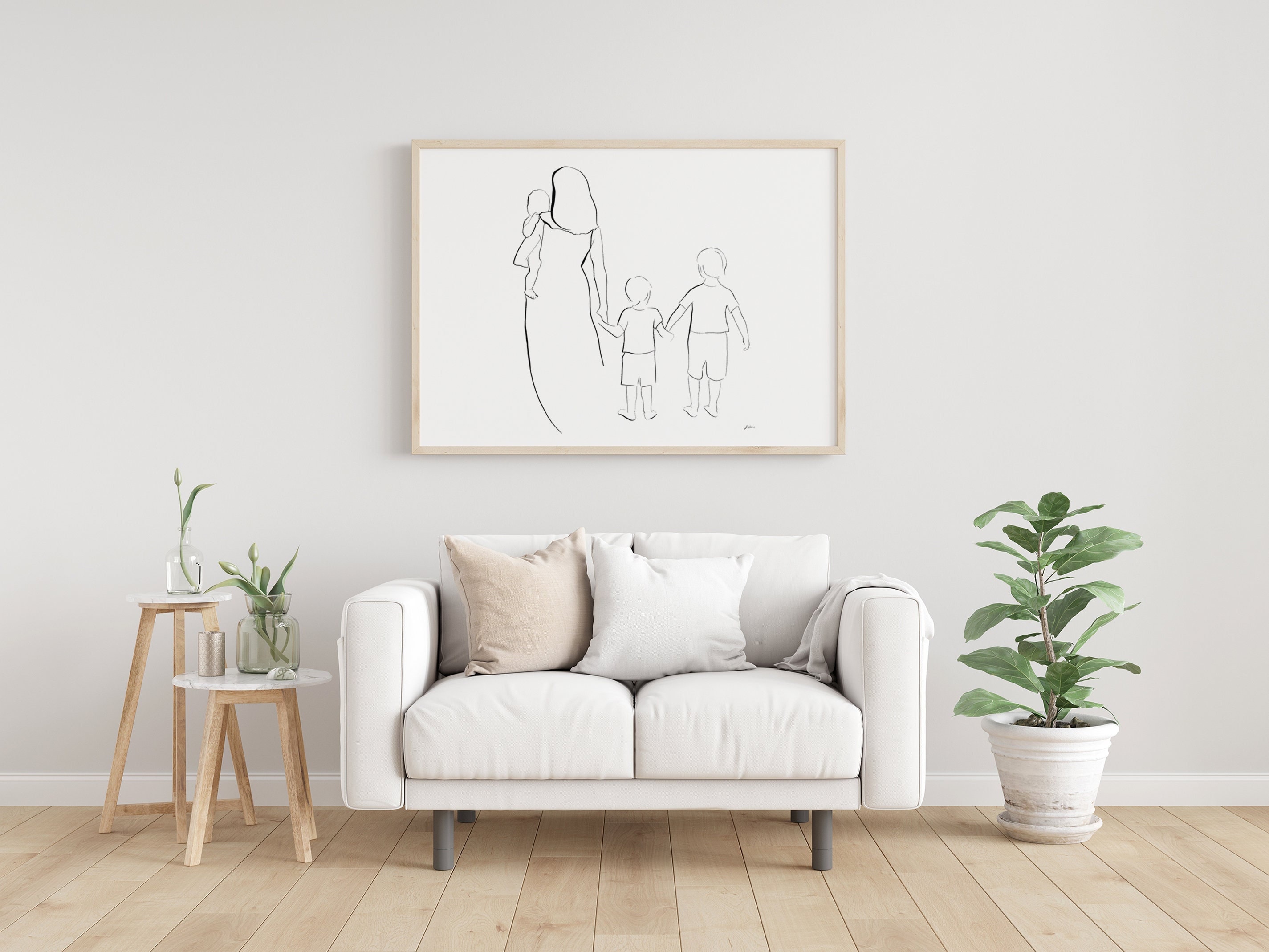 Mother and boys Print, Mom and Sons Line drawing, Three Brothers, Mother and Children, Home Decor, Gift for Mom , Landscape Wall Art,
