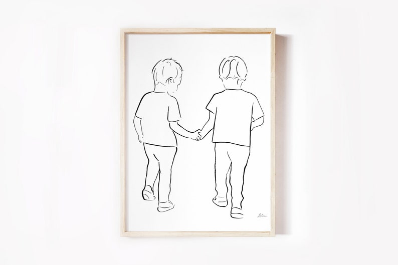 May include: Line drawing of two children holding hands and walking away from the viewer. The drawing is in black ink on a white background.