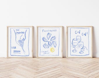 Set of 3 Dining Prints | Bistro Art | Cheers Print|  Cin Cin Art | French Food Prints | Spaghetti Print