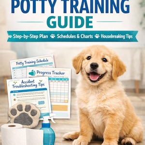 May include: A golden retriever puppy sits next to a potty training guide. The guide's cover reads "Professional Potty Training Guide" with additional text: "Step-by-Step Plan, Schedules & Charts, Housebreaking Tips." Other items include a potty schedule, progress tracker, and accident troubleshooting tips.