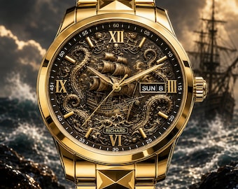 Benutzerdefinierte Kraken Schiff Uhr, Luxus Gold Piraten Uhr, personalisierte Octopus Sea Monster Zeitmesser, dunkle nautische Statement Uhr
