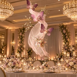 Handmade Giant Butterfly Hanging Decor,3D Pink Floral Ceiling Installation with Ribbons,Wedding Backdrop,Bridal Shower,Festival Event Decor