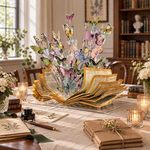May include: A decorative open book sculpture featuring a multitude of colorful, multi-layered paper butterflies in shades of pink, yellow, blue, and green emerging from the center, with gold-edged pages resting on a clear acrylic base.