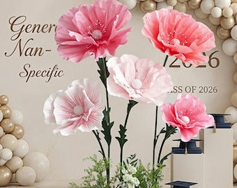 Handmade Set of 5 Pink Series Crepe Paper Poppies,Free Standing Floral Arrangement for Nursery Birthday Party,Grad Ceremony Background Prop.