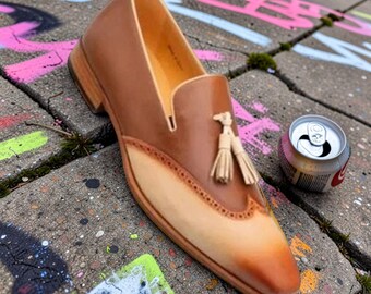 Men Handmade Genuine Leather Shoes Two Tone Wingtip Tassels Loafer Shoes