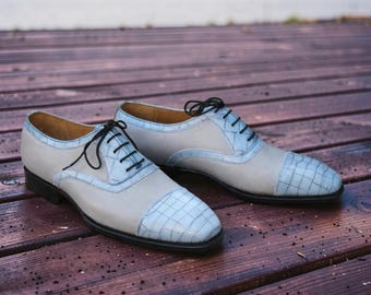 Handcrafted Sky Blue & Gray Croc Print Leather Lace up Oxford Dress Party Shoes