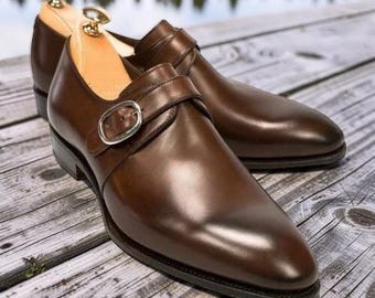 Men Handmade Shoes Oxfords Brown Leather Monk Formal Dress Casual Wear Boot New