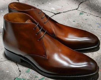 Premium Quality Men's Dark Brown Leather Black Shaded High Ankle Dress Boots Men