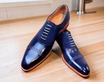 Męskie, ręcznie robione, niebieskie, skórzane, zamszowe, sznurowane, eleganckie buty codzienne, do biura