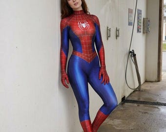 Disfraz de Spider-Man para mujer: traje de telaraña rojo y azul, cosplay de superheroína femenina, atuendo de superhéroe de cómic para Halloween para adultos.