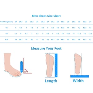 K&ouml;nnte beinhalten: Eine Schuhgr&ouml;&szlig;entabelle f&uuml;r Herren mit einer Tabelle, die US-, UK- und EUR-Schuhgr&ouml;&szlig;en zeigt, die der Fu&szlig;l&auml;nge in Zentimetern entsprechen. Die Tabelle enth&auml;lt auch Illustrationen, die zeigen, wie man die Fu&szlig;l&auml;nge und -breite misst.