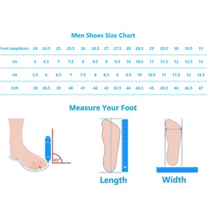 May include: A men's shoe size chart with a table showing US, UK, and EUR shoe sizes corresponding to foot length in centimeters. The chart also includes illustrations showing how to measure foot length and width.