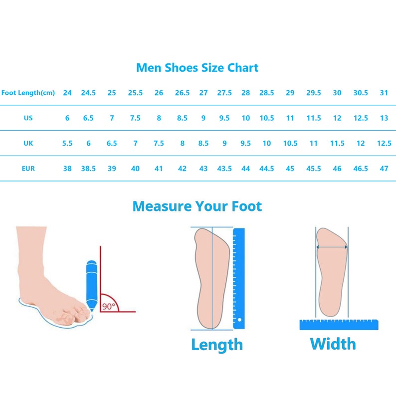 May include: A men's shoe size chart with a table showing US, UK, and EUR shoe sizes corresponding to foot length in centimeters. The chart also includes illustrations showing how to measure foot length and width.