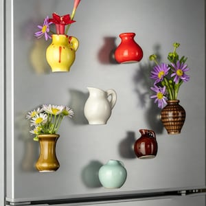 May include: A collection of ceramic vases in various shapes and colors, including yellow, red, brown, and white. Each vase holds a small bouquet of flowers, creating a decorative display. The vases are attached to a silver surface.