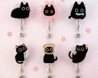 Cute Black Cat Badge Reel -  Acrylic ID Holder for Nurses, Doctors, Teachers - Kawaii Kitten Badge Clip -  Medical Student Stationaries