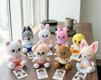 Stray Kids SKZOO Desk Organizer Set, Complete 8 Member Plush Figure & Photocard Stand, Stay Fandom Office Decor, Kpop Fan Gift, Collectible