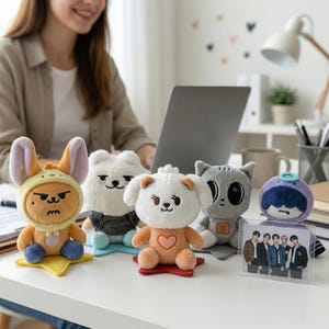 Puede incluir: Una colección de peluches con forma de varios animales, incluyendo un conejo, un oso, un perro, un gato y un personaje morado. Los juguetes están sobre un escritorio blanco con un portátil y una tarjeta fotográfica de un grupo de personas.