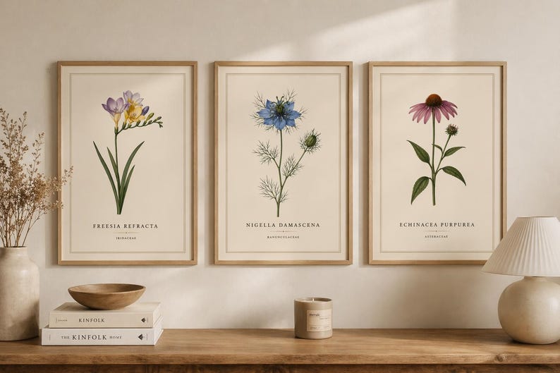 Vintage Botanical Prints Set of 3 – Minimalist Beige Wall Art, Elegant ...