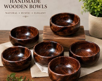 Wooden Bowl Set of 6, Rustic Brown Serving Bowls for Kitchen & Home