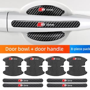 May include: Carbon fiber-textured door handle and bowl protectors with red and silver "S Line" logos. The image shows an 8-piece pack of automotive accessories, including handle covers and bowl protectors.