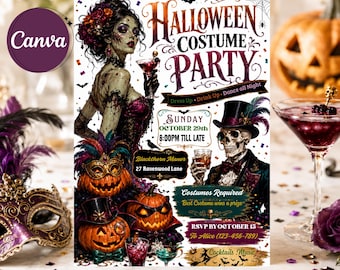 Könnte beinhalten: Ein Halloween-Kostümparty-Einladungsflyer mit einer Frau in einem dunklen Kleid mit Cocktail, einem Skelett mit Zylinder und geschnitzten Kürbissen. Text: Halloween Costume Party, Sunday October 29th, 8:00PM Till Late, Blackthorn Manor 27 Ravenwood Lane, Costumes Required, Best Costume wins a prize, RSVP by October 15 to Alice (123-456-789), Cocktails, Music.